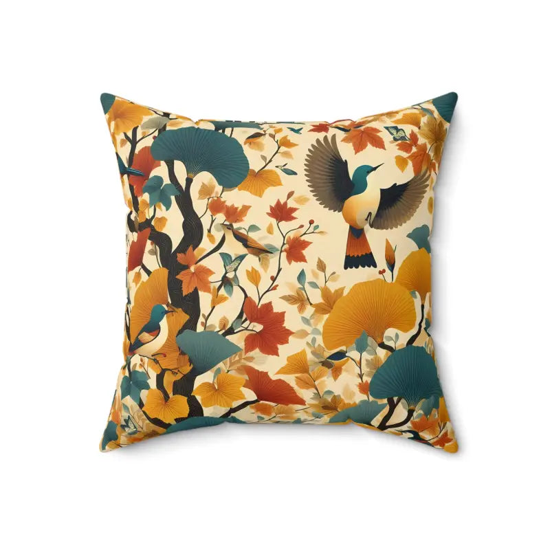 Nature’s Charm: Gingko Leaves & Birds Polyester Pillow - 18’’ × Home Decor