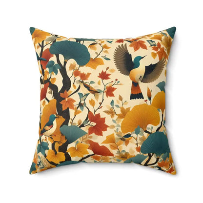 Nature’s Charm: Gingko Leaves & Birds Polyester Pillow - 20’’ × Home Decor