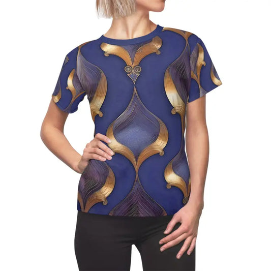 Shine in Style: Navy Blue Abstract Pattern Women’s Tee - Xs / Black Stitching / 4 Oz. T-shirts