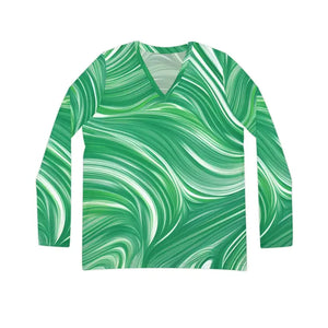 Long Sleeve Wavy Pattern Green Tee v Neck - Dipaliz - T-shirts
