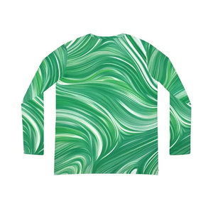 Long Sleeve Wavy Pattern Green Tee v Neck - Dipaliz - T-shirts
