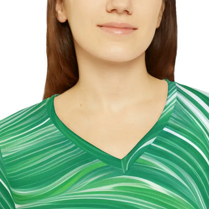 Vibrant Green Long Sleeve V-neck with Wavy Pattern! - Shirts