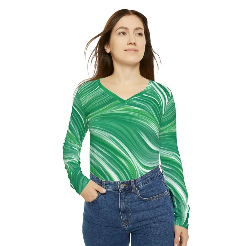 Vibrant Green Long Sleeve V-neck with Wavy Pattern! - Shirts