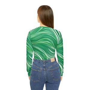 Long Sleeve Wavy Pattern Green Tee v Neck - Dipaliz - T-shirts