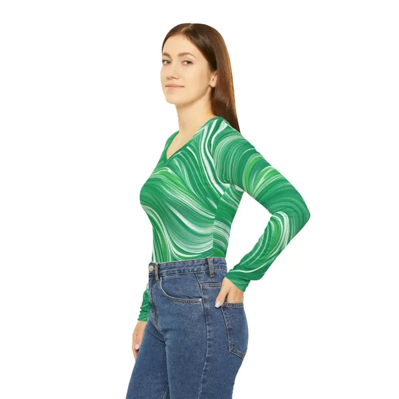 Vibrant Green Long Sleeve V-neck with Wavy Pattern! - Shirts