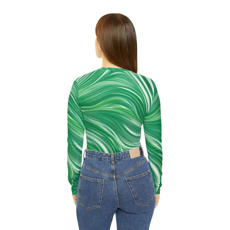 Vibrant Green Long Sleeve V-neck with Wavy Pattern! - Shirts