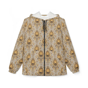 Gold Peacock Feather Windbreaker - Elegant Hooded Jacket - Dipaliz - Windbreakers