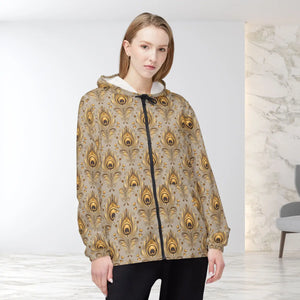 Gold Peacock Feather Windbreaker - Elegant Hooded Jacket - Dipaliz - Windbreakers