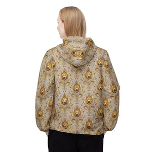 Gold Peacock Feather Windbreaker - Elegant Hooded Jacket - Dipaliz - Windbreakers