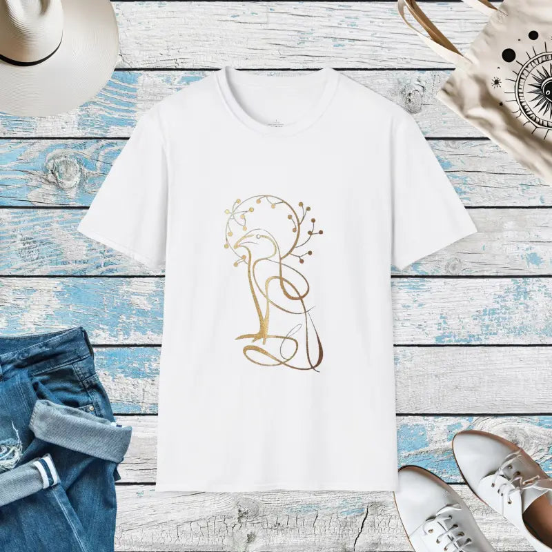 A Golden Bird on a Tree Graphic Unisex Softstyle T-shirt - White / l