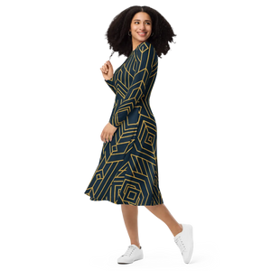 Golden Geometric Sleeve Midi Dress – Flared Pocket - Dipaliz - Dresses - Xs