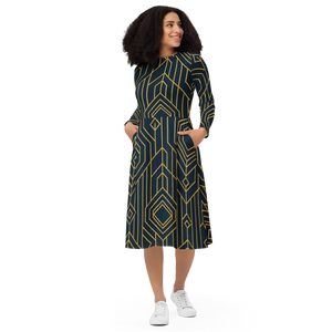 Golden Geometric Sleeve Midi Dress – Flared Pocket - Dipaliz - Dresses - Xs