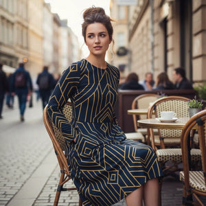Golden Geometric Sleeve Midi Dress – Flared Pocket - Dipaliz - Dresses - Xs