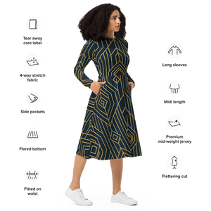 Golden Geometric Sleeve Midi Dress – Flared Pocket - Dipaliz - Dresses - Xs