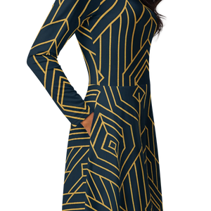 Golden Geometric Sleeve Midi Dress – Flared Pocket - Dipaliz - Dresses - Xs