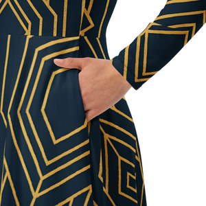 Golden Geometric Sleeve Midi Dress – Flared Pocket - Dipaliz - Dresses - Xs