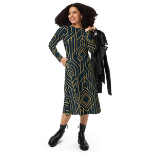 Golden Geometric Sleeve Midi Dress – Flared Pocket - Dipaliz - Dresses - Xs