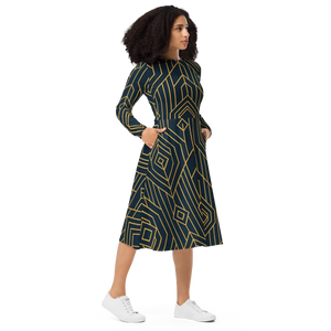 Golden Geometric Sleeve Midi Dress – Flared Pocket - Dipaliz - Dresses - Xs