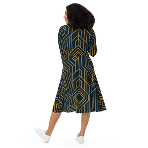 Golden Geometric Sleeve Midi Dress – Flared Pocket - Dipaliz - Dresses - Xs