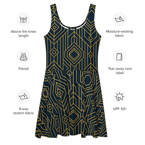 Bold Golden Skater Dress – Geometric Pattern - Dipaliz - Dresses - Xs