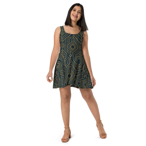 Bold Golden Skater Dress – Geometric Pattern - Dipaliz - Dresses - Xs