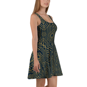 Bold Golden Skater Dress – Geometric Pattern - Dipaliz - Dresses - Xs