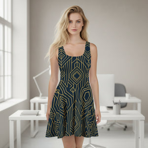 Bold Golden Skater Dress – Geometric Pattern - Dipaliz - Dresses - Xs