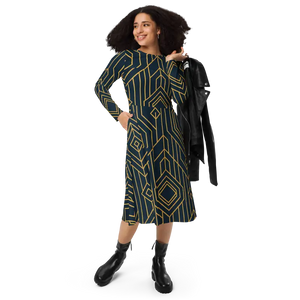 Golden Geometric Long Sleeve Midi Dress - Dipaliz - Dresses