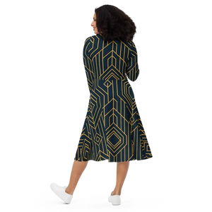 Golden Geometric Long Sleeve Midi Dress - Dipaliz - Dresses