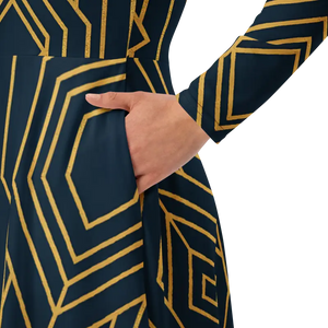Golden Geometric Long Sleeve Midi Dress - Dipaliz - Dresses