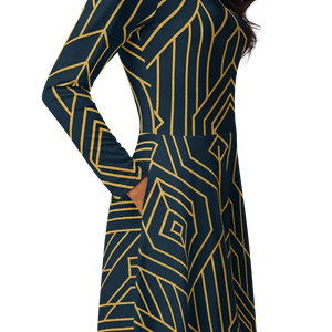 Golden Geometric Long Sleeve Midi Dress - Dipaliz - Dresses