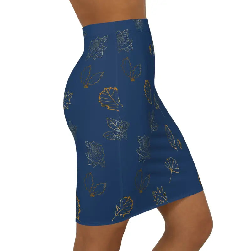 Dazzle in a Navy Blue Mini Skirt with Golden Leaf Design - Skirts