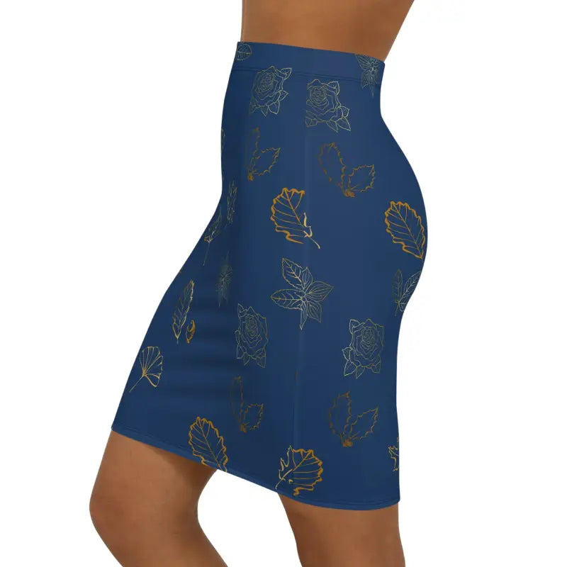 Dazzle in a Navy Blue Mini Skirt with Golden Leaf Design - Skirts