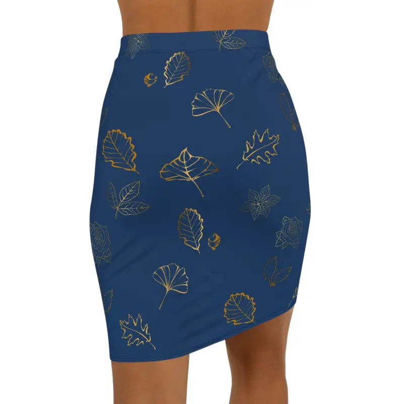 Dazzle in a Navy Blue Mini Skirt with Golden Leaf Design - Skirts