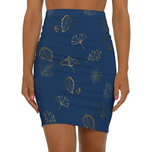 Dazzle in a Navy Blue Mini Skirt with Golden Leaf Design - Xs / Black Stitching Skirts