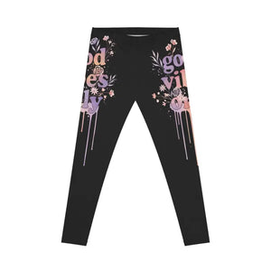 Good Vibes Floral Leggings Stretchy Fabric Black Pastel Print Dipaliz - Gifts Online