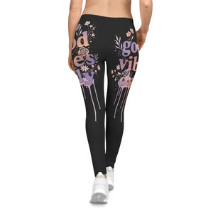 Good Vibes Floral Leggings Stretchy Fabric Black Pastel Print Dipaliz - Gifts Online
