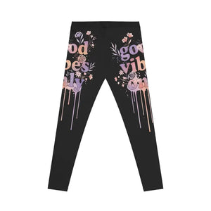 Good Vibes Floral Leggings Stretchy Fabric Black Pastel Print Dipaliz - Gifts Online