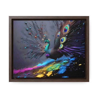 Gorgeous Peacock Horizontal Frame with Splattered Paint Background - 10″ x 8″ / Walnut / Premium Gallery Wraps