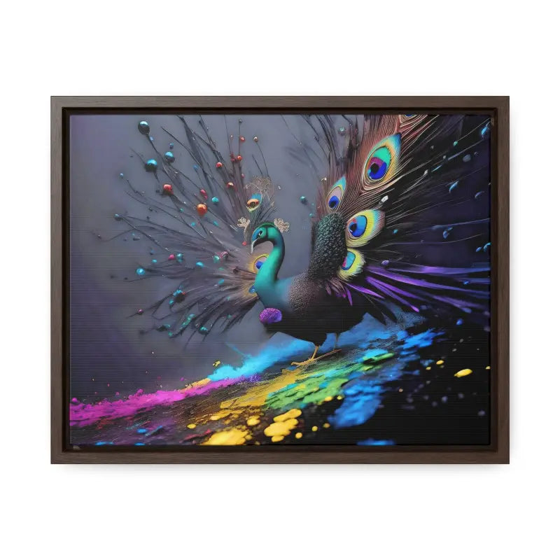 Gorgeous Peacock Horizontal Frame with Splattered Paint Background - 14″ x 11″ / Walnut / Premium Gallery Wraps