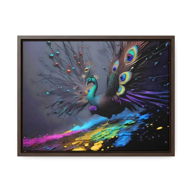 Gorgeous Peacock Horizontal Frame with Splattered Paint Background - 16″ x 12″ / Walnut / Premium Gallery Wraps