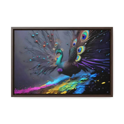 Gorgeous Peacock Horizontal Frame with Splattered Paint Background - 18″ x 12″ / Walnut / Premium Gallery Wraps