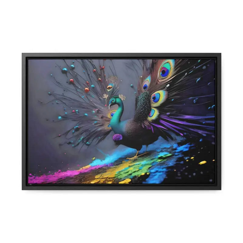 Gorgeous Peacock Horizontal Frame with Splattered Paint Background - 18″ x 12″ / Black / Premium Gallery Wraps