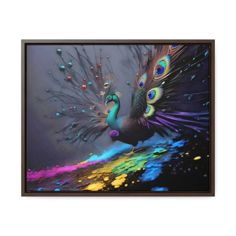 Gorgeous Peacock Horizontal Frame with Splattered Paint Background - 20″ x 16″ / Walnut / Premium Gallery Wraps