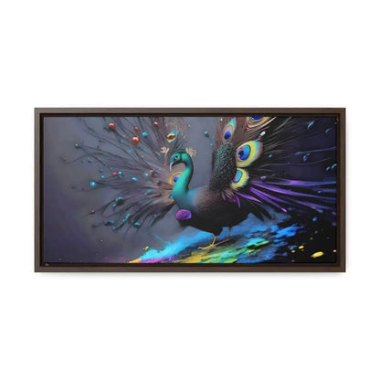 Gorgeous Peacock Horizontal Frame with Splattered Paint Background - 20″ x 10″ / Walnut / Premium Gallery Wraps