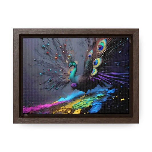 Gorgeous Peacock Horizontal Frame with Splattered Paint Background - 7’’ x 5’’ / Walnut / Premium Gallery Wraps