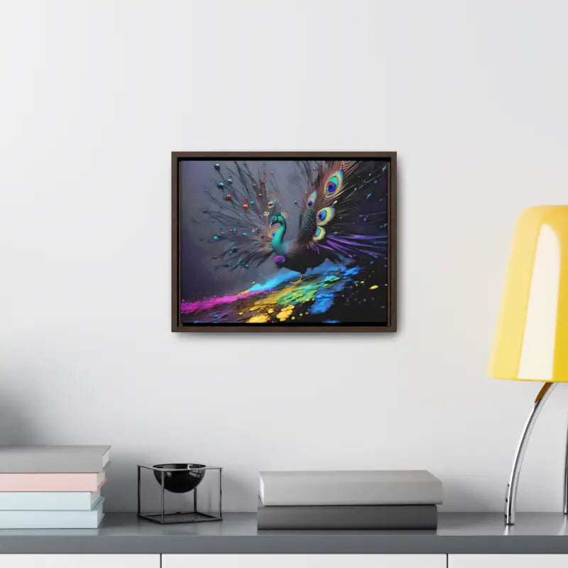 Gorgeous Peacock Horizontal Frame with Splattered Paint Background - Canvas