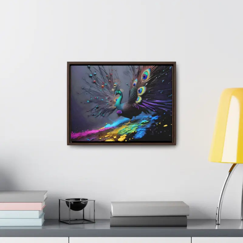 Gorgeous Peacock Horizontal Frame with Splattered Paint Background - Canvas