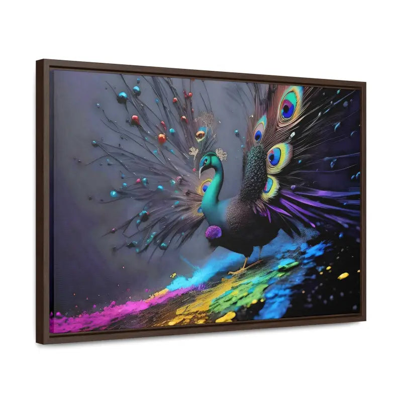 Gorgeous Peacock Horizontal Frame with Splattered Paint Background - Canvas