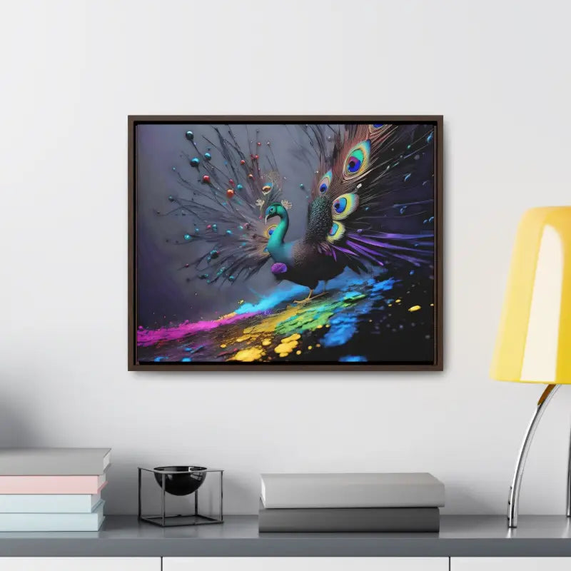 Gorgeous Peacock Horizontal Frame with Splattered Paint Background - Canvas